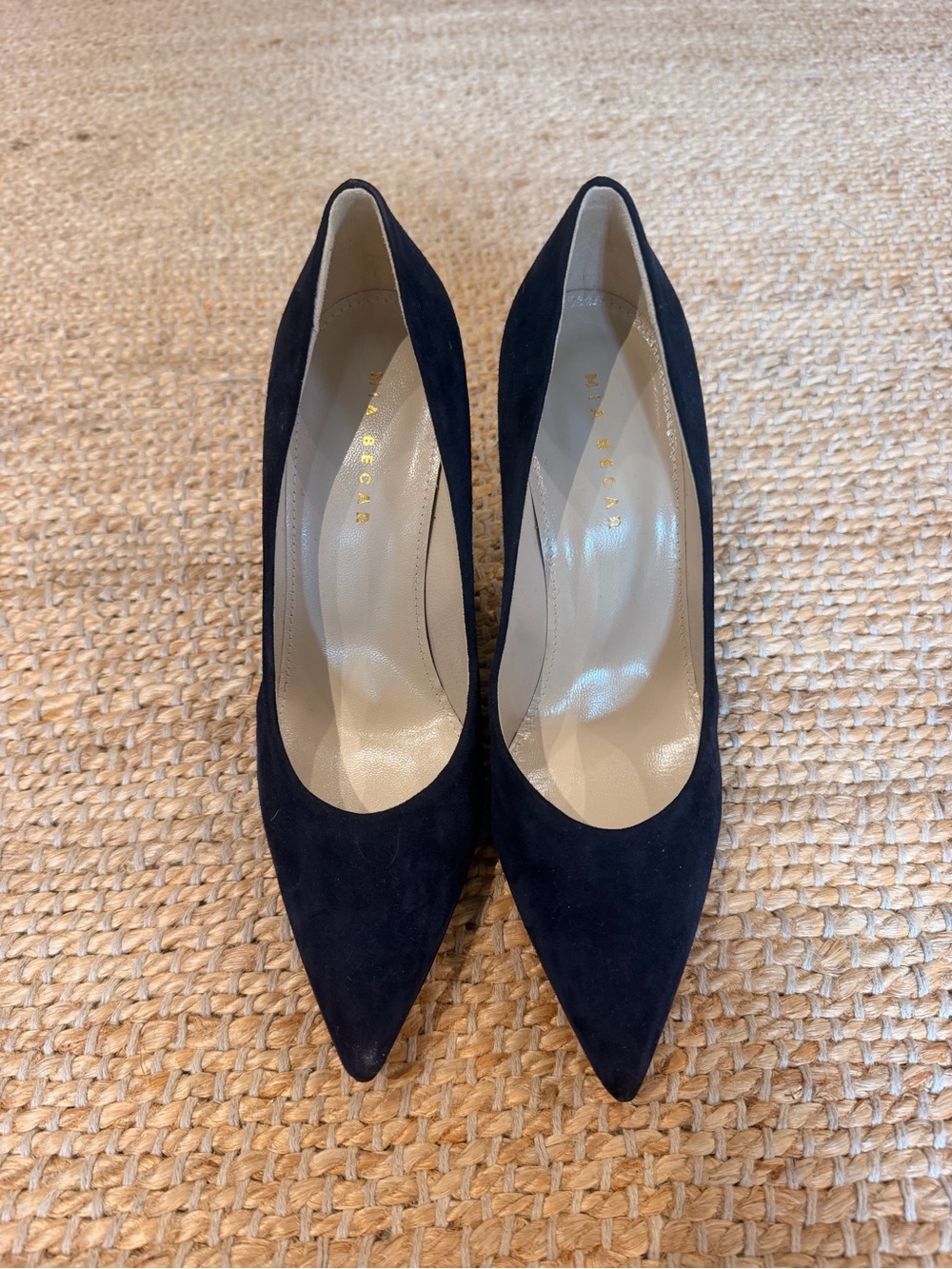 Pointed Suede Pumps in Navy by Mia Becar